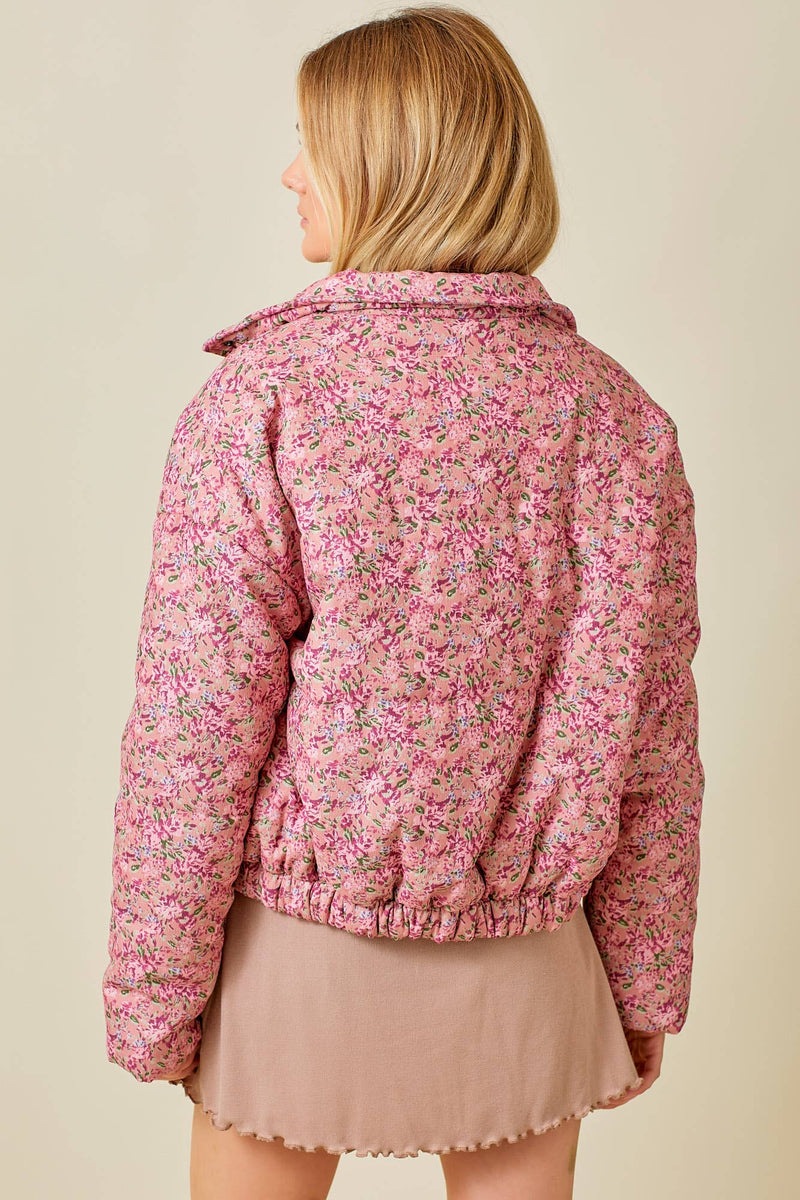 DUSTY ROSE FLORAL PRINT CORDUROY PUFFER JACKET-Baevely by Wellmade USA