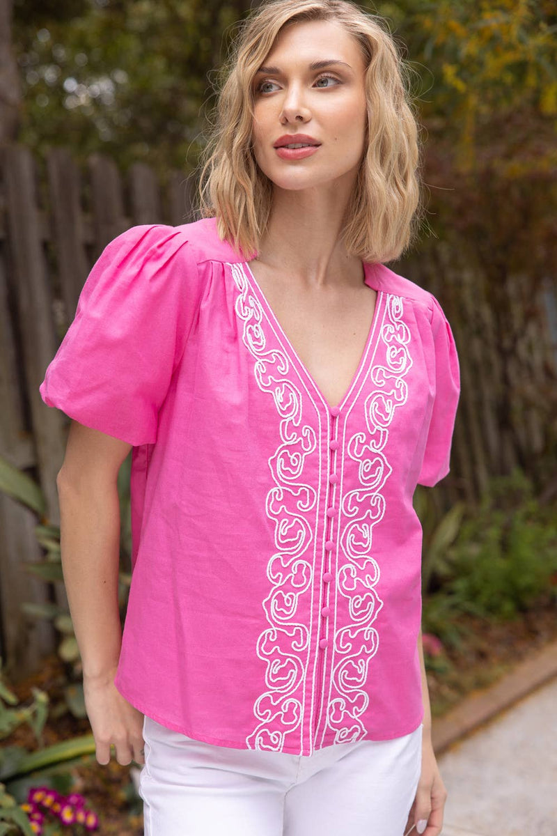 PINK EMBROIDERED BUBBLE SLEEVE TOP-VOY