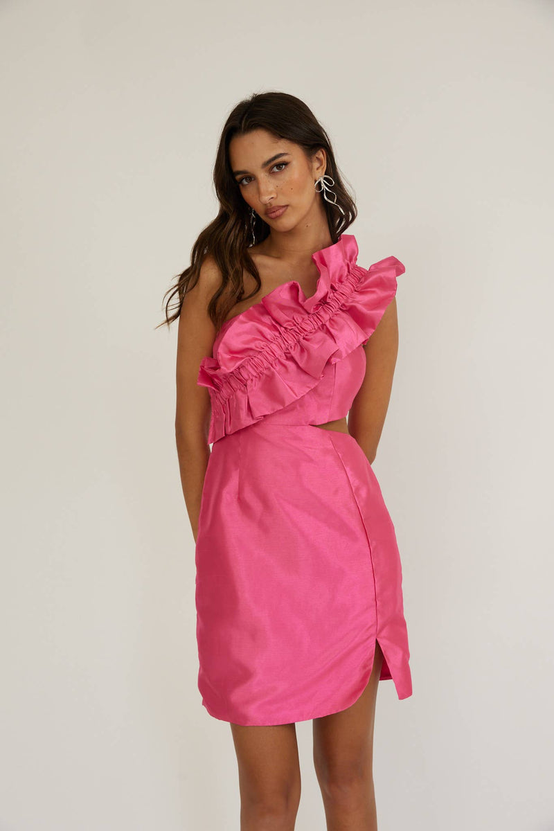 OVER THE SHOULDER RUFFLE DETAIL MINI DRESS / AH0077H01: PINK / XS-Saints & Secrets