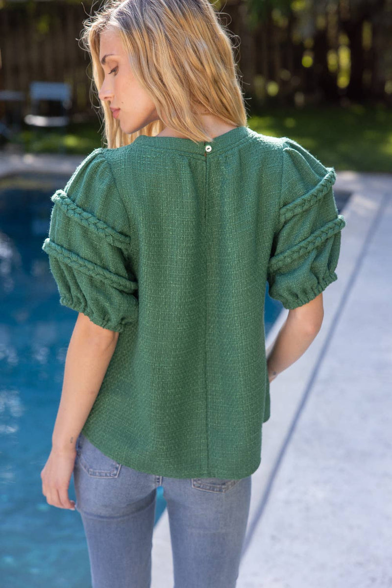 GREEN BRAID DETAILED PUFF SLEEVE TWEED TOP-VOY