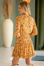 MUSTARD SMOCKED WAIST RUFFLE SKIRT FLORAL DRESS-VOY