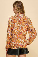 ORANGE FLORAL LONG SLEEVE BLOUSE TOP-TCEC