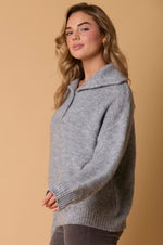 GRAY KNIT COLLARED PULLOVER SWEATER WITH BUTTON DETAILING-Sissy Boutique