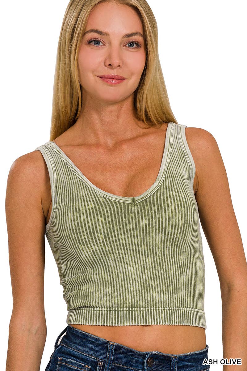 SAND BEIGE WASHED RIB CROP V NECK TANK W/ REMOVABLE BRA-42POPS