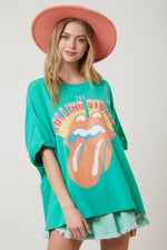 GREEN ROLLING STONES SEQUIN TONGUE TEE-Fantastic Fawn