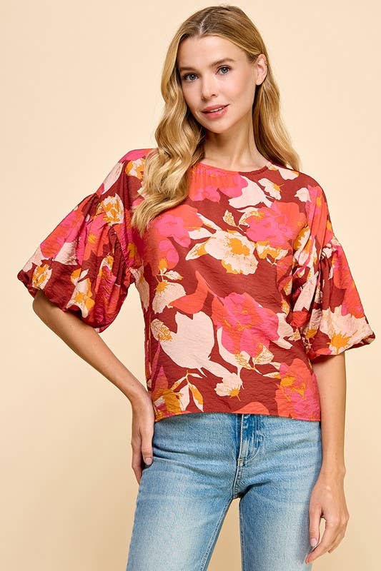 BURGUNDY CORAL FLORAL PRINTED SHORT BALLOON SLEEVES TOP-TCEC