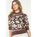 BROWN PINK AND BLACK FLOWER KNIT SHORT SLEEVE MOCK NECK SWEATER-THML