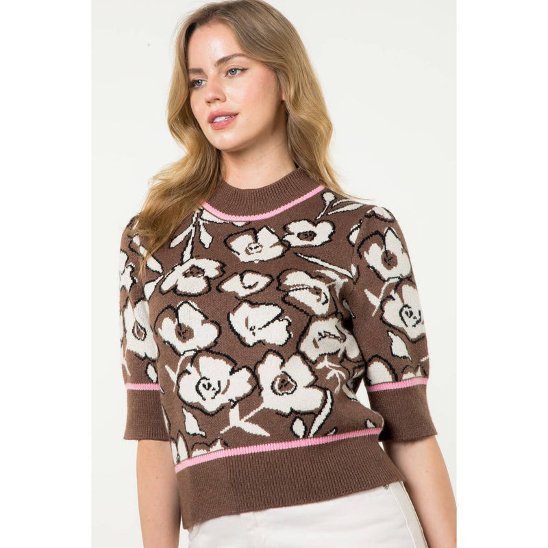 BROWN PINK AND BLACK FLOWER KNIT SHORT SLEEVE MOCK NECK SWEATER-THML