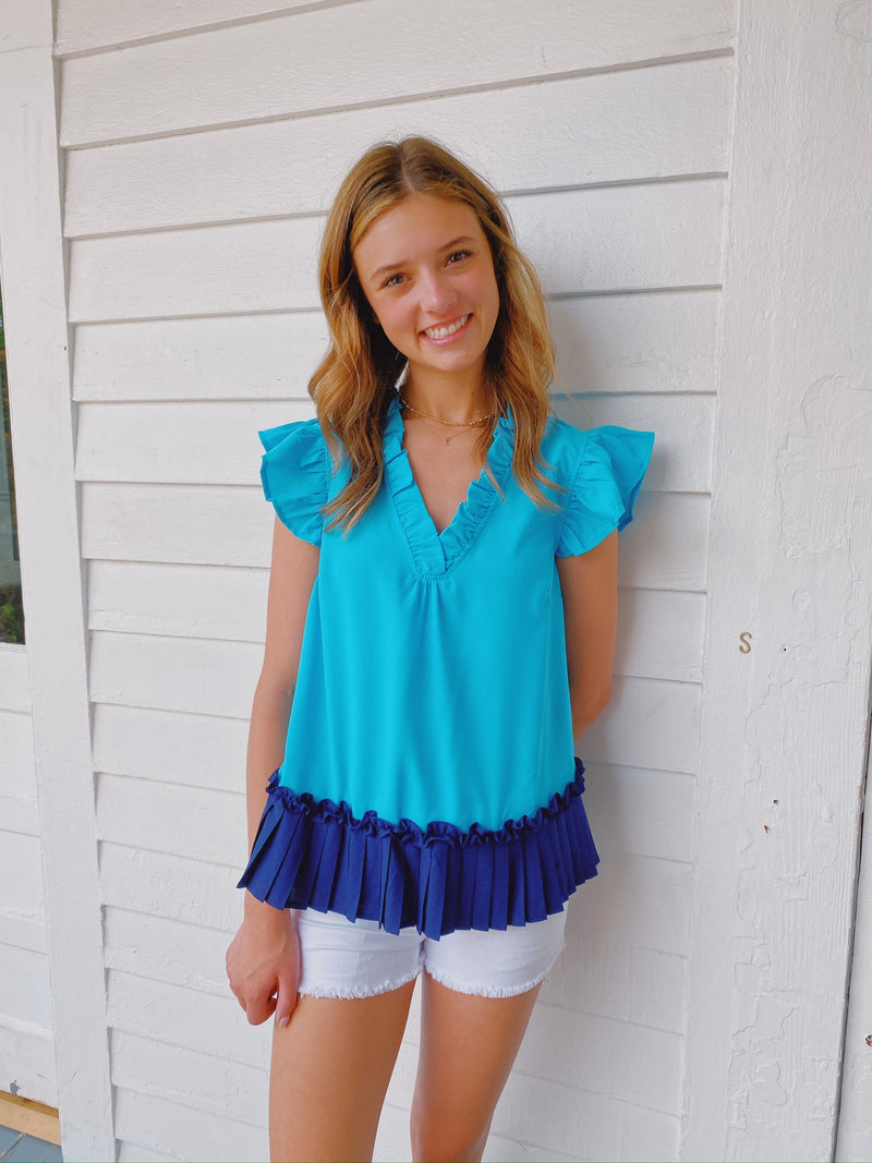 PLEATED CONTRAST BLUE HEM RUFFLE V NECK TOP-VOY