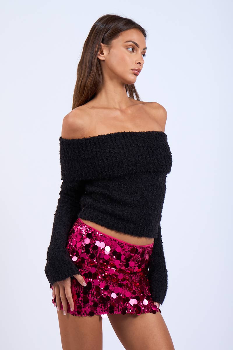 OVERFOLD OFF-SHOULDER LONG SLEEVE KNIT SWEATER-Sky to Moon