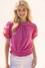 PINK SCALLOPED AND SMOCKED SUEDE RUFFLE TOP-VOY