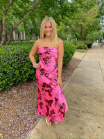 STRAPLESS BIAS CUT ROSE PINK FLORAL MAXI DRESS-Dress Forum-Sissy Boutique