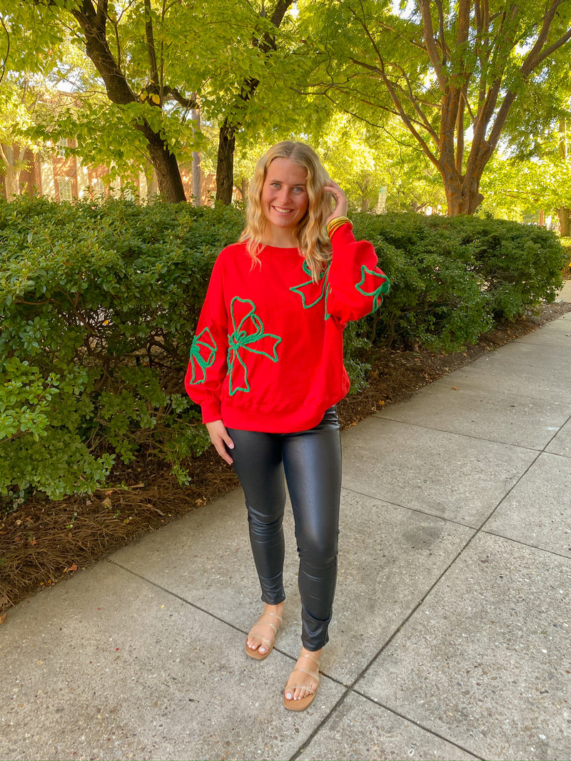 CHRISTMAS GREEN BOW OVERSIZED RED SWEATSHIRT-Sissy Boutique-Sissy Boutique