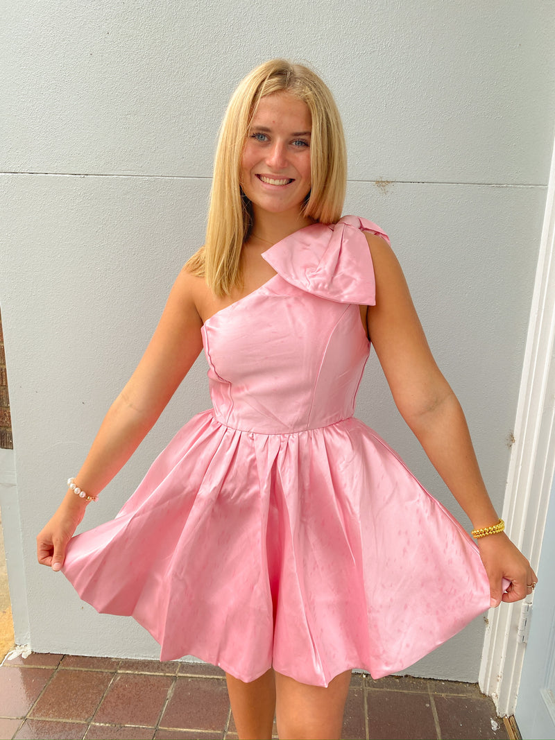 BLUSH ONE SHOULDER BOW TIE MINI DRESS-Saints & Secrets-Sissy Boutique