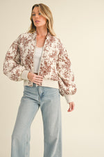 BROWN AND CHAMPAGNE FLORAL BOMBER PUFF JACKET-&merci