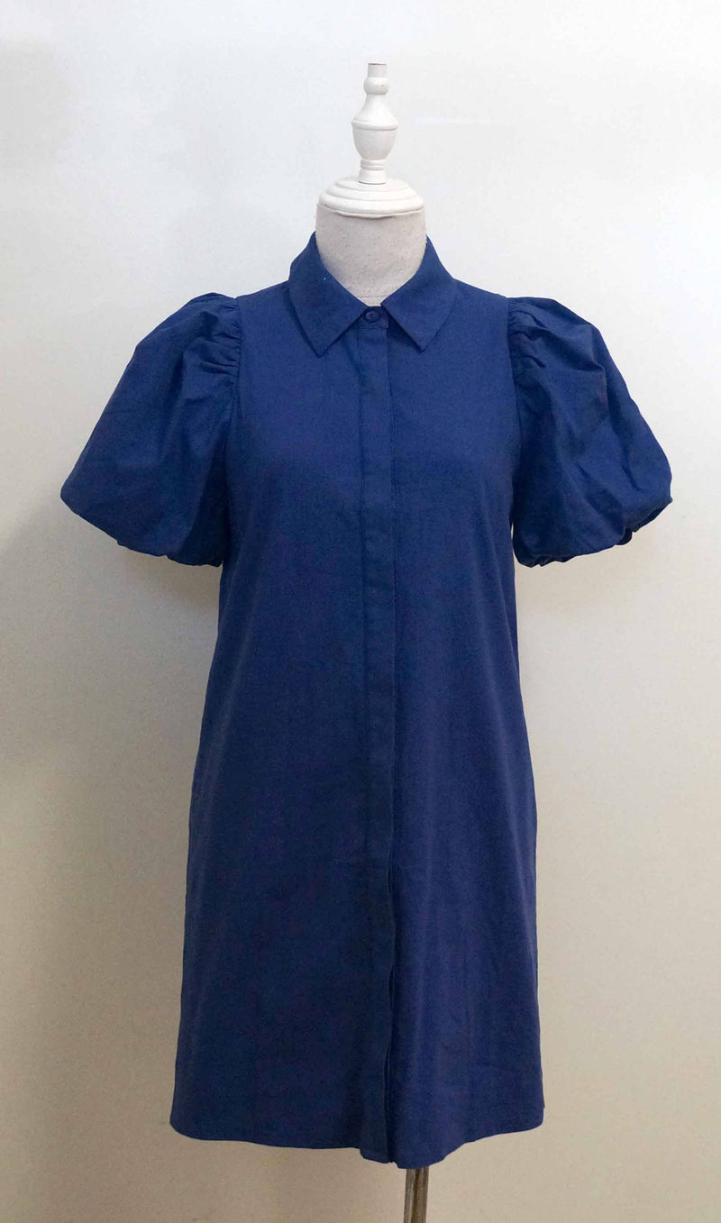 NAVY COLARED PUFF SLEEVE BUTTON DOWN SHIFT DRESS-TCEC