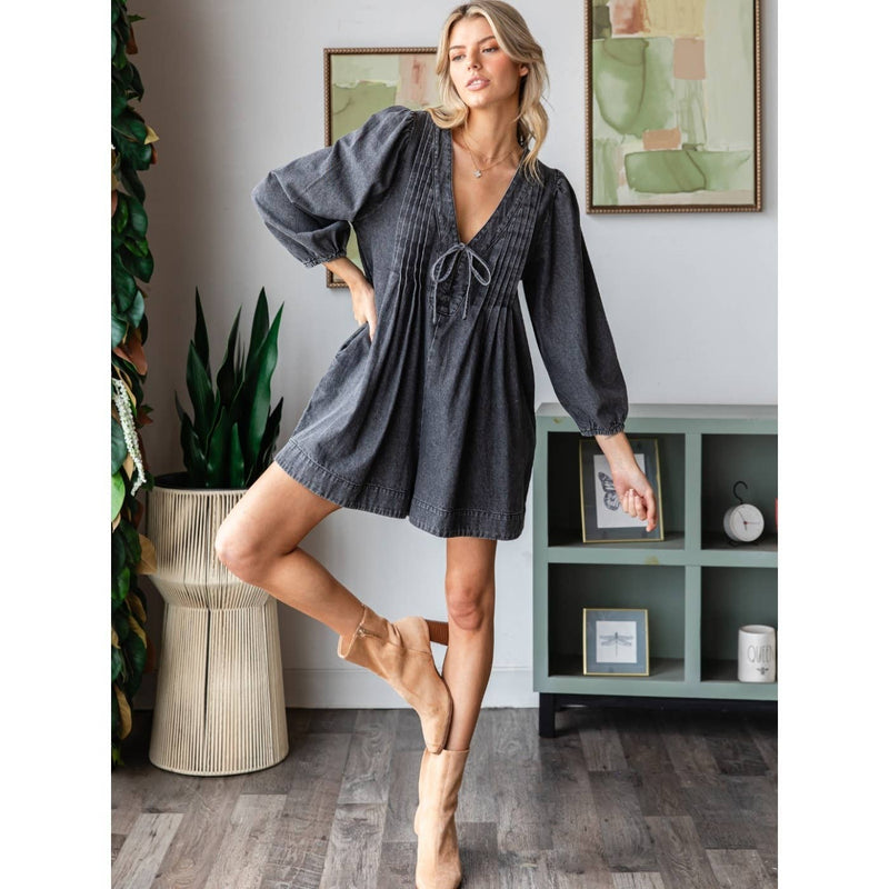 V-neck Puff Sleeve Denim Romper: Medium Wash / L-Veveret-Sissy Boutique