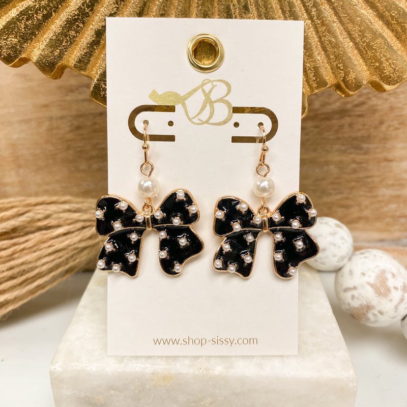 BLACK BOW AND PEARL EARRINGS-Sissy Boutique