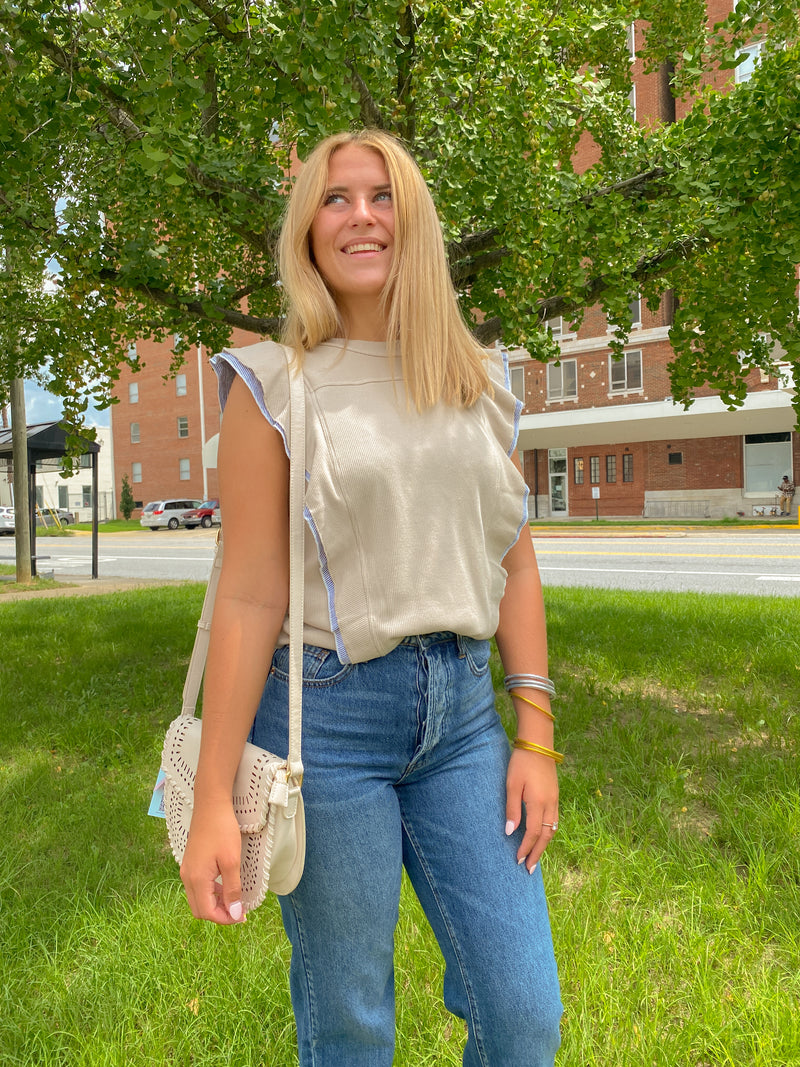 TAUPE SWEATER VEST WITH BLUE RUFFLE SLEEVE-Hailey&Co