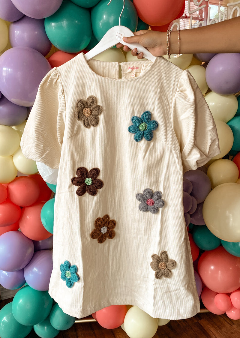 IVORY CORDUROY FLOWER PUFF SLEEVE DRESS-Sissy Boutique