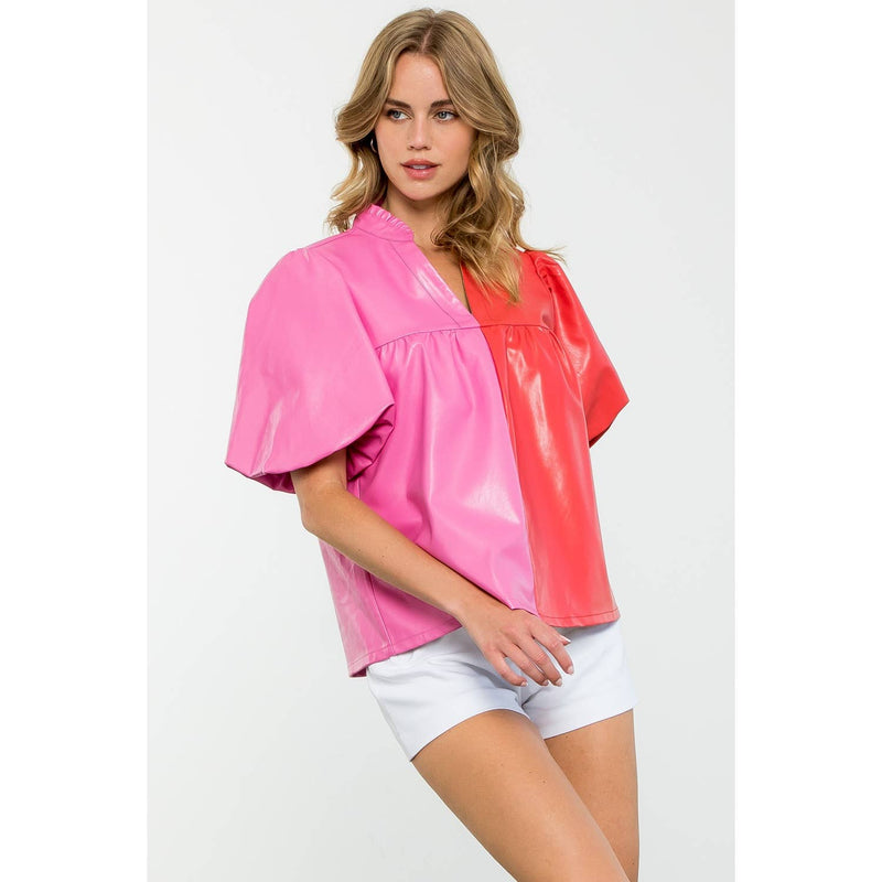 PINK AND RED COLORBLOCK LEATHER TOP-THML