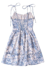 BLUE AND WHITE FLORAL PRINT TIE STRAP MINI DRESS-Sissy Boutique