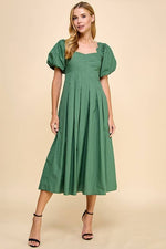 SAGE SWEETHEART NECKLINE PUFF SLEEVE PLEATED MIDI DRESS-TCEC