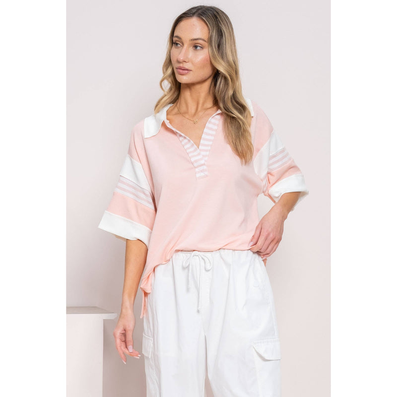 STRIPED SPORTY PASTEL AND WHITE PINK POLO SHIRT-Hailey&Co