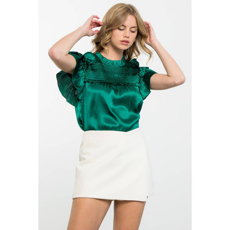 GREEN SATIN FLUTTER SLEEVE TEXTURED TOP-THML