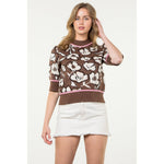 BROWN PINK AND BLACK FLOWER KNIT SHORT SLEEVE MOCK NECK SWEATER-THML