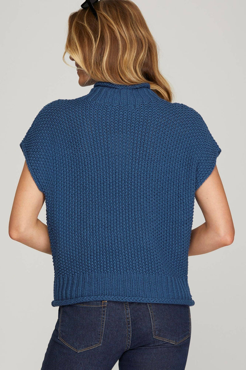 DUSTY BLUE DROP SHOULDER SLEEVELESS MOCK NECK KNIT SWEATER-Peace Love Line