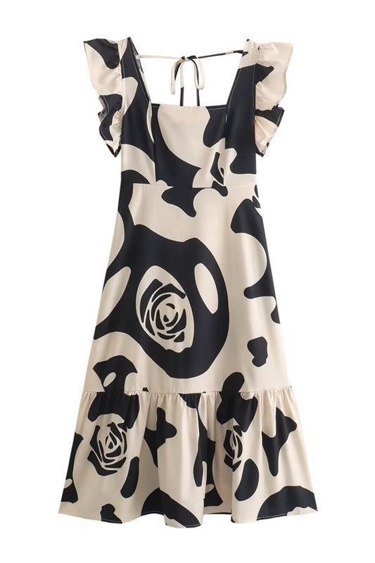 BLACK AND IVORY ABSTRACT FLORAL SLEEVELESS MIDI DRESS-Sissy Boutique