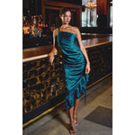 TEAL SATIN WRAP ONE SHOULDER RUFFLED DRESS-Dress Forum