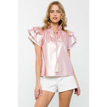 PINK FLUTTER SLEEVE LEATHER TOP-THML