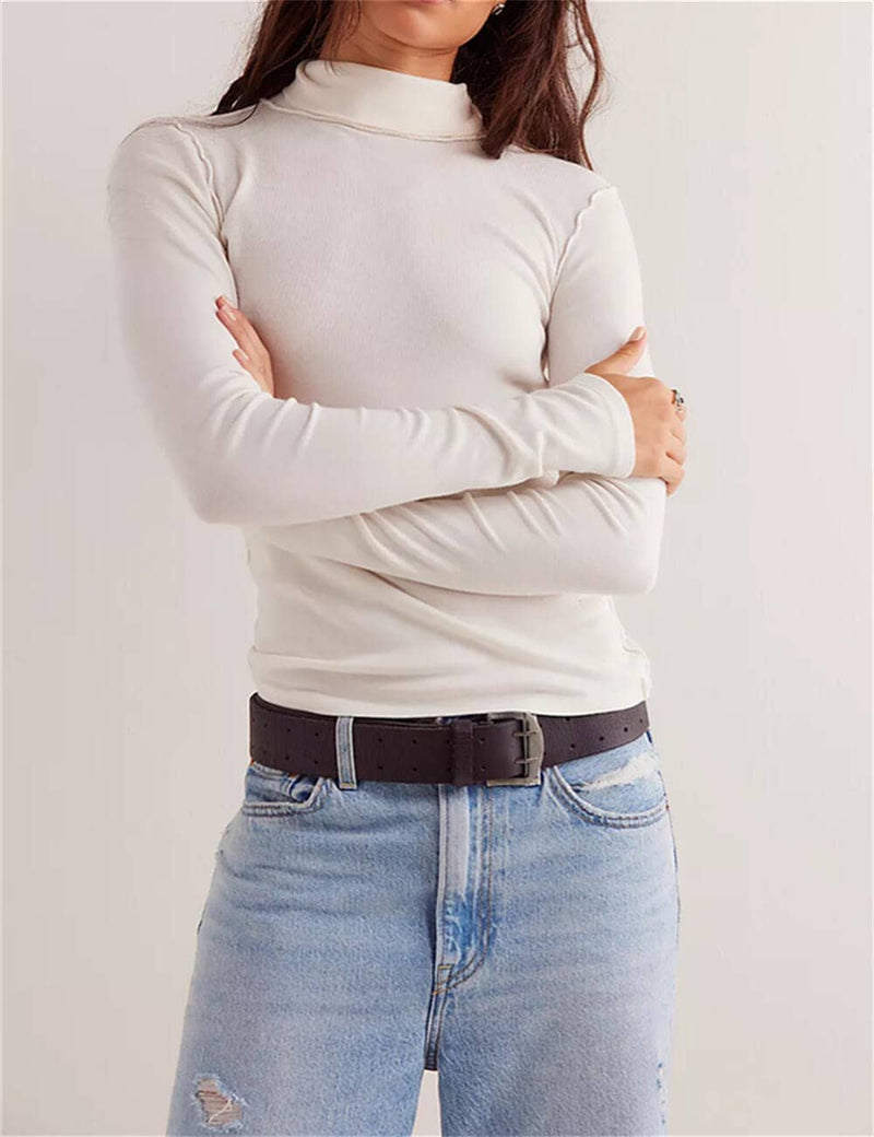 White Long Sleeve Turtleneck Top-Sweetkama 