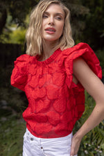 ROSE RED TEXTURED RUFFLE SLEEVE TOP-VOY