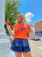 'TIGERS" ORANGE AND NAVY EMBROIDERED SLEEVELESS SWEATER TOP-Cloud Ten