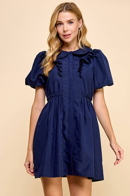 NAVY PUFF SLEEVE BUTTON DOWN DRESS-TCEC