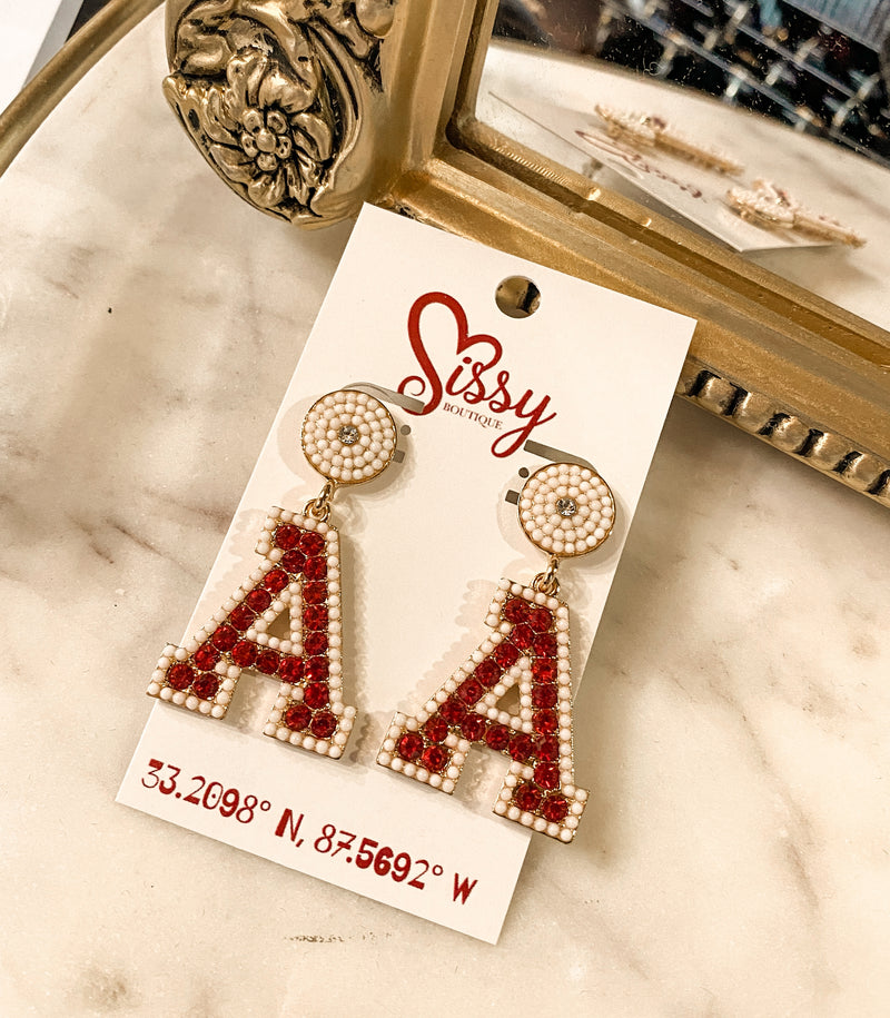 ALABAMA RED AND WHITE DIAMOND DANGLE EARRINGS-Sissy Boutique