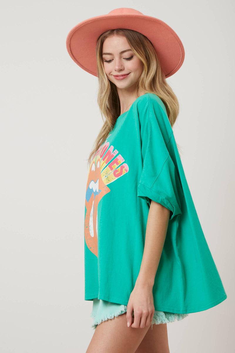 GREEN ROLLING STONES SEQUIN TONGUE TEE-Fantastic Fawn