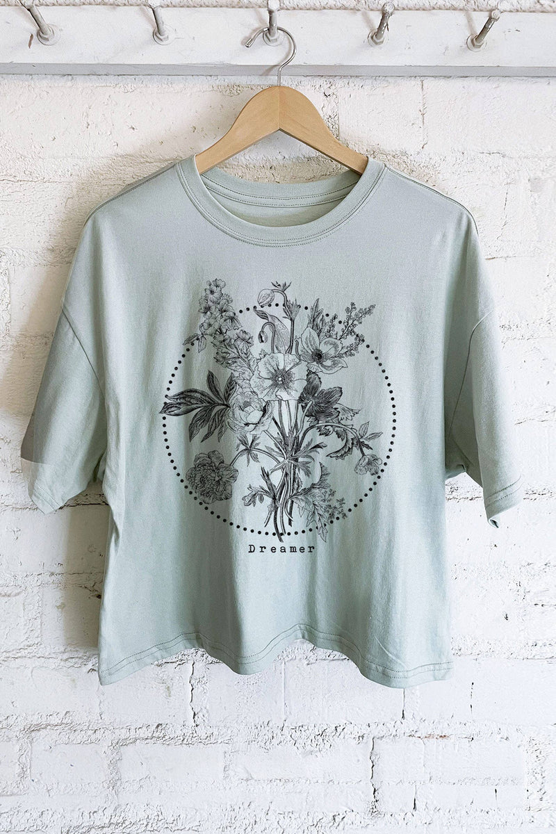 DREAMER FLOWER GRAPHIC LONG DUSTY MINT CROP TEE-Rustee Clothing