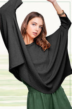 MLT8061-OVERSIZED LIGHTWEIGHT WAFFLE FABRIC KNIT TOP: BLACK / S-La Miel