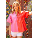 PINK AND RED COLORBLOCK LEATHER TOP-THML