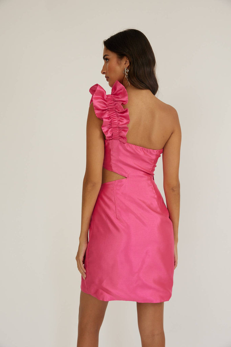 OVER THE SHOULDER RUFFLE DETAIL MINI DRESS / AH0077H01: PINK / XS-Saints & Secrets