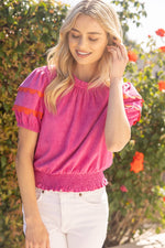 PINK SCALLOPED AND SMOCKED SUEDE RUFFLE TOP-VOY