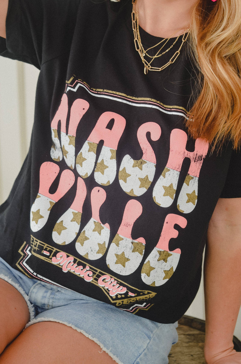 NASHVILLE PINK WHITE AND STARS ON A BLACK SOLID TEE-Southern Bliss Co.