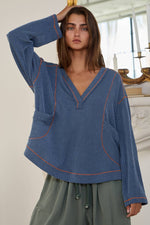 Dusty Blue V-neck Patched Pockets Oversized Solid Ribbed Top-BUCKETLIST