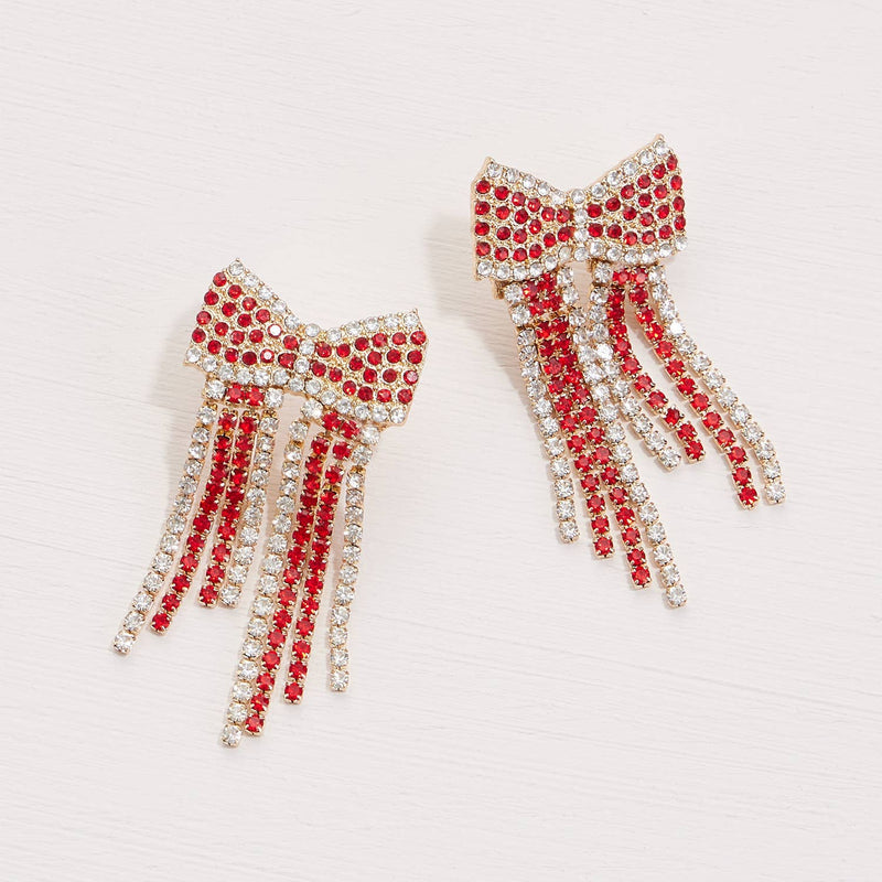 RHINESTONE BOW FRINGES EARRINGS-Frem