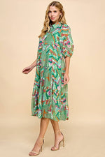 GREEN MULTICOLOR ABSTRACT PRINTED TIERED MIDI DRESS-TCEC