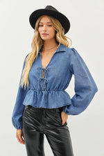 WASHED COTTON DENIM DROP WAIST TOP WITH SPLIT NECK-idem ditto-Sissy Boutique